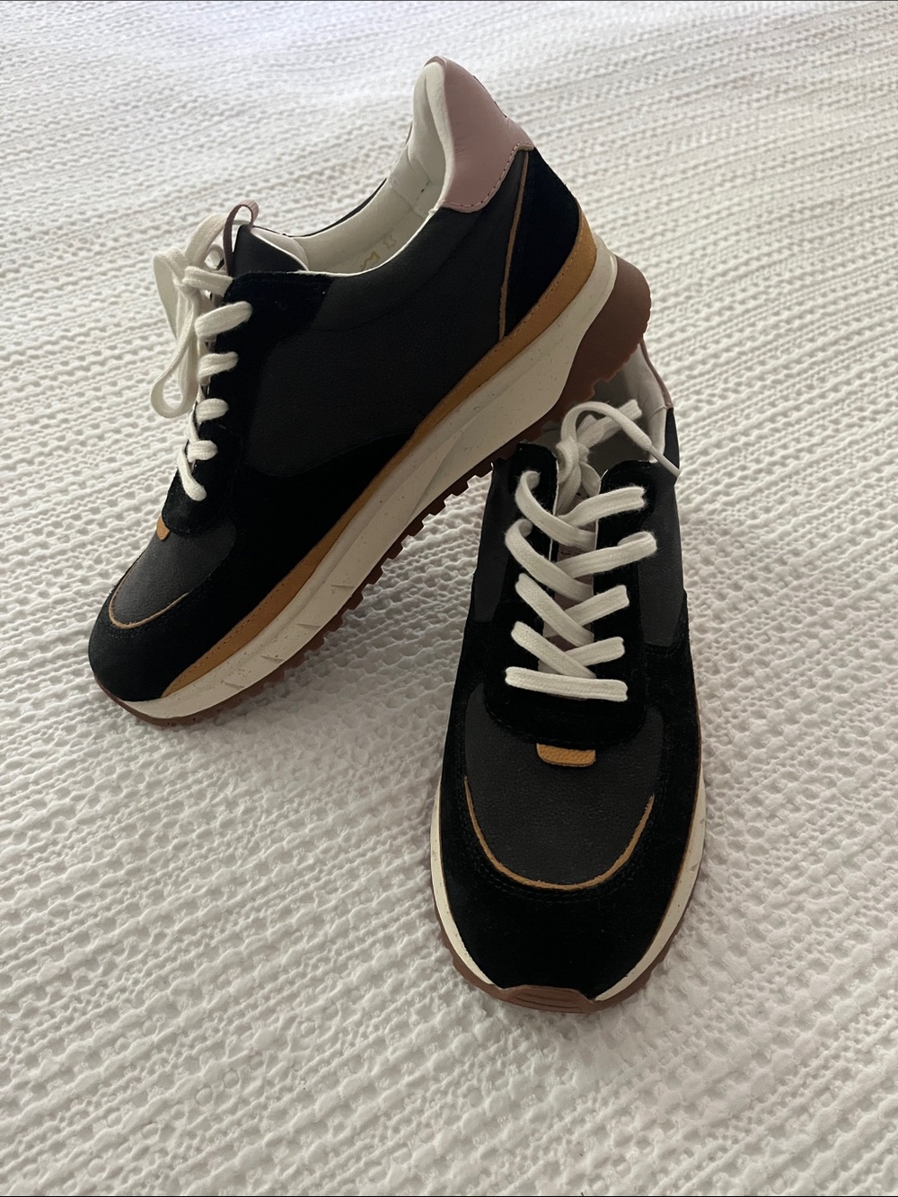 Madewell Black Sneakers with Brown Trim and Pink Heel